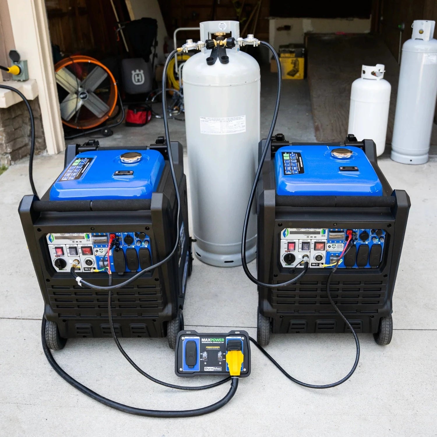 Two DuroMax XP9000iH Generators Connected With The Inverter Parallel Kit And Powered By A Propane Tank