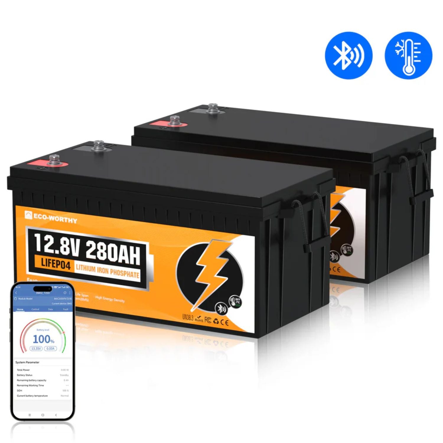 Two ECO-WORTHY LiFePO4 12V 280Ah Lithium Iron Phosphate Battery with Bluetooth and temperature sensor icons, and a smartphone app displayed.