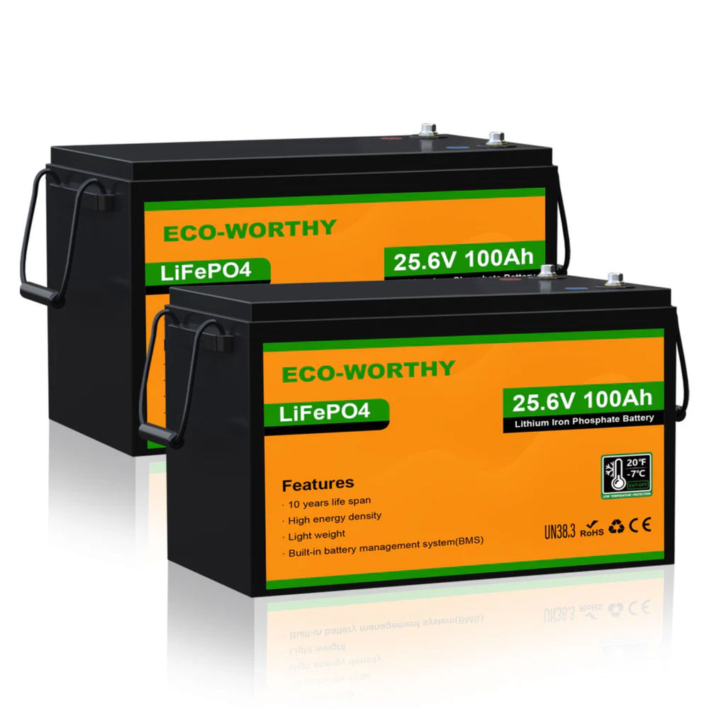 Two ECO-WORTHY LiFePO4 24V 100Ah Lithium Iron Phosphate Battery on a white background