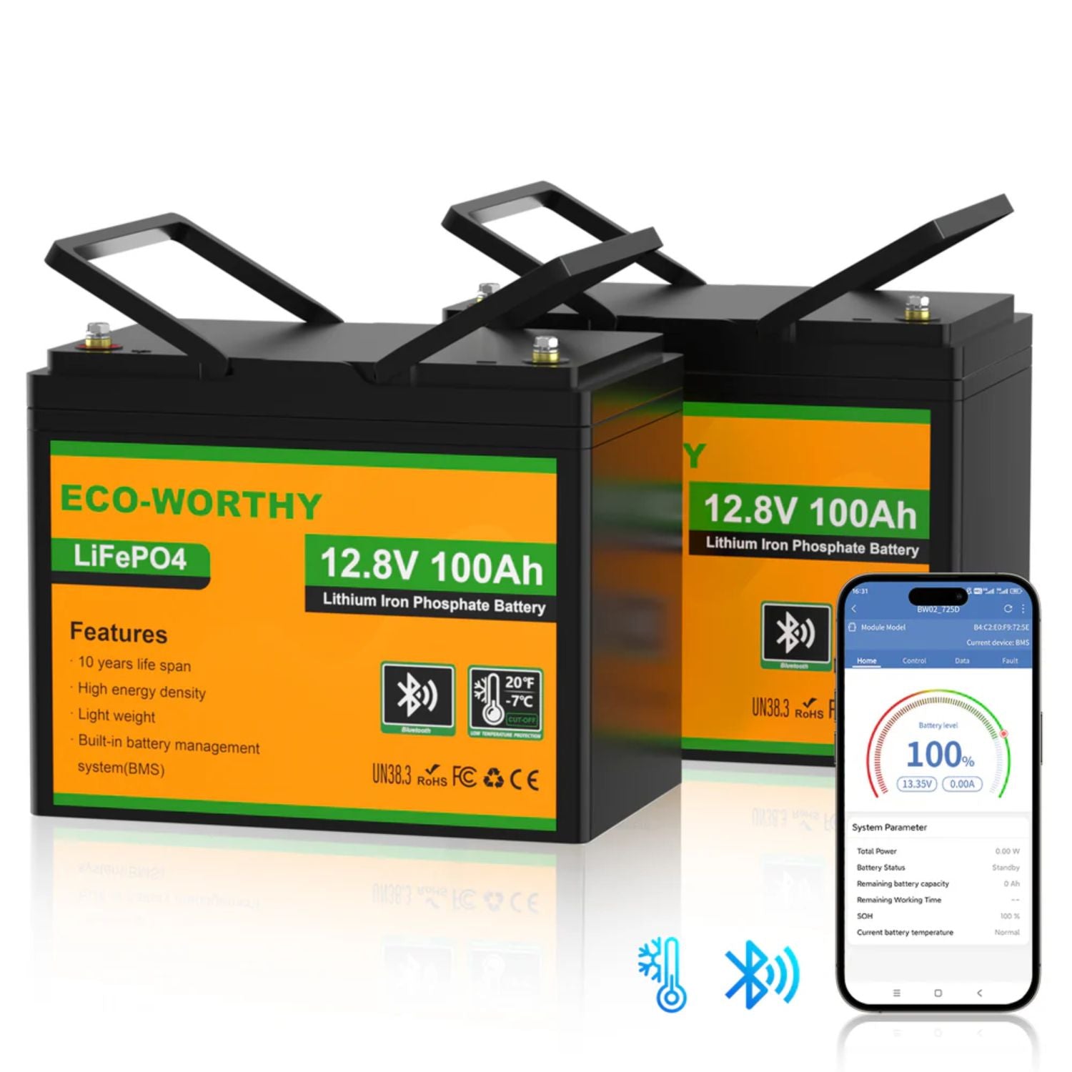 Two ECO-WORTHY lithium iron phosphate batteries with a smartphone displaying battery information on a white background.