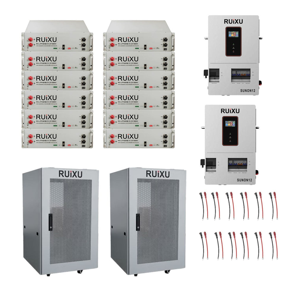 Two RUIXU SUNON12 Inverter with Tweleve RX-LFP48100 51.2V Server Rack Batteries, Twelve S30 Cables and Two RUiXU 6-Slot Cabinet
