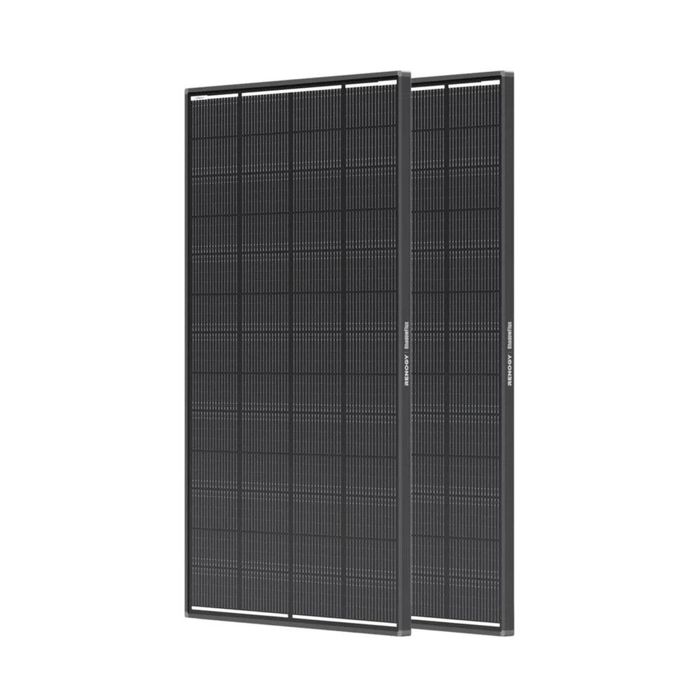 Two Renogy 200W solar panels on a white background