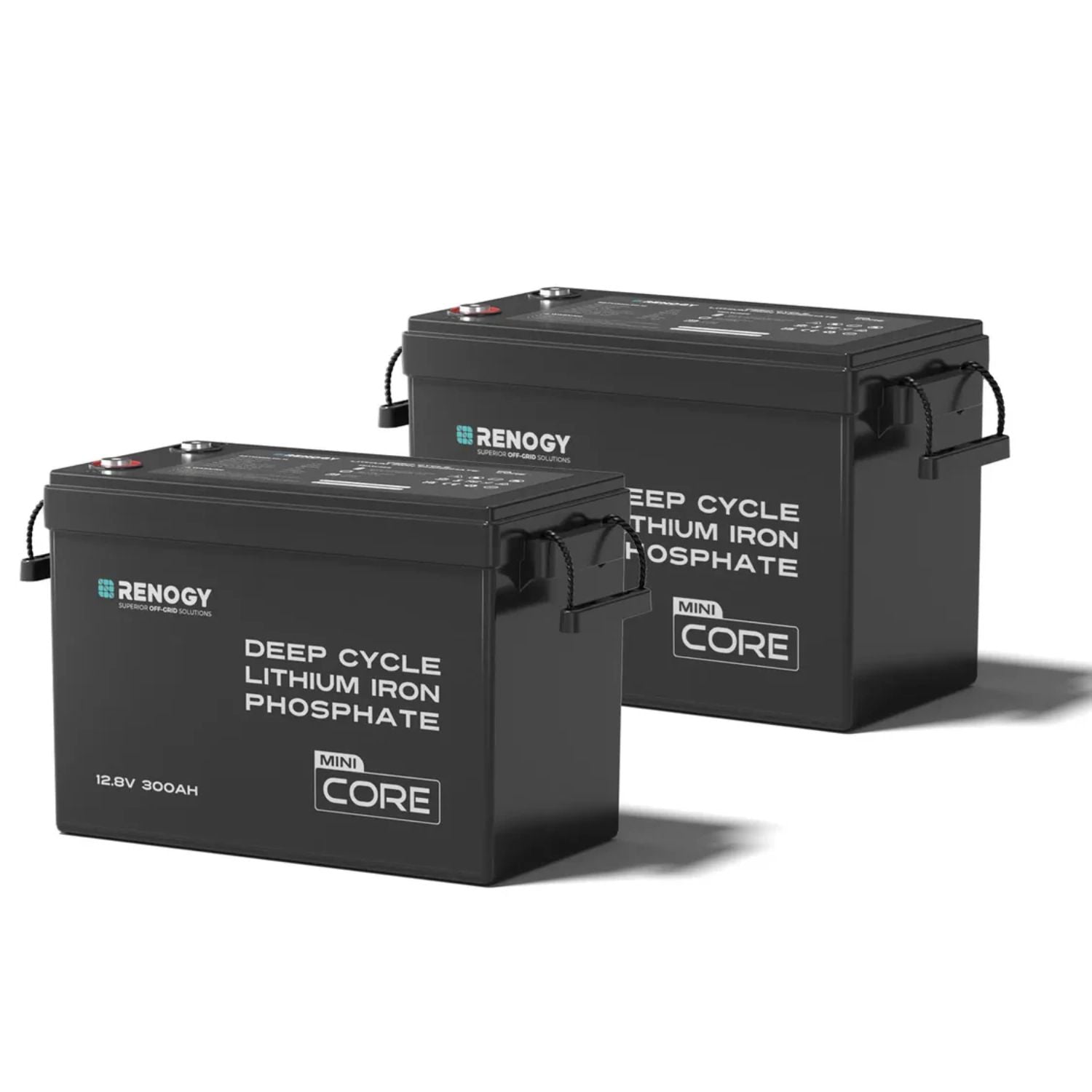 Two Renogy 300Ah Core deep cycle lithium iron phosphate batteries on a white background