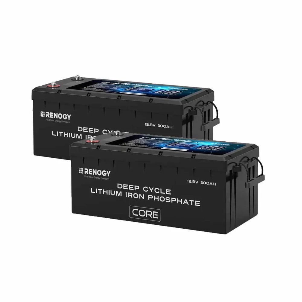 Two Renogy 300Ah deep cycle lithium iron phosphate batteries on a white background