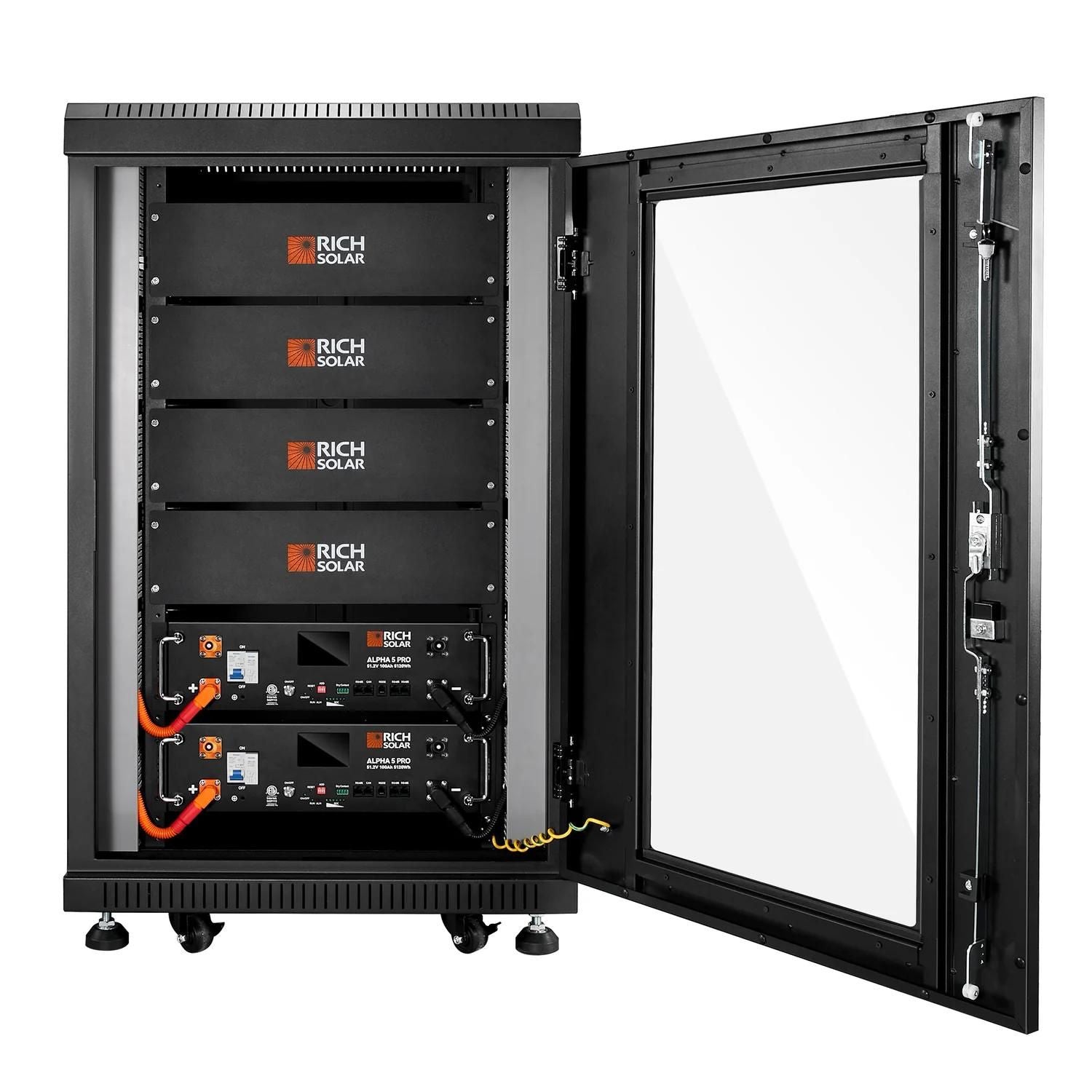 Two Rich Solar ALPHA 5 PRO 51.2V with open door server rack