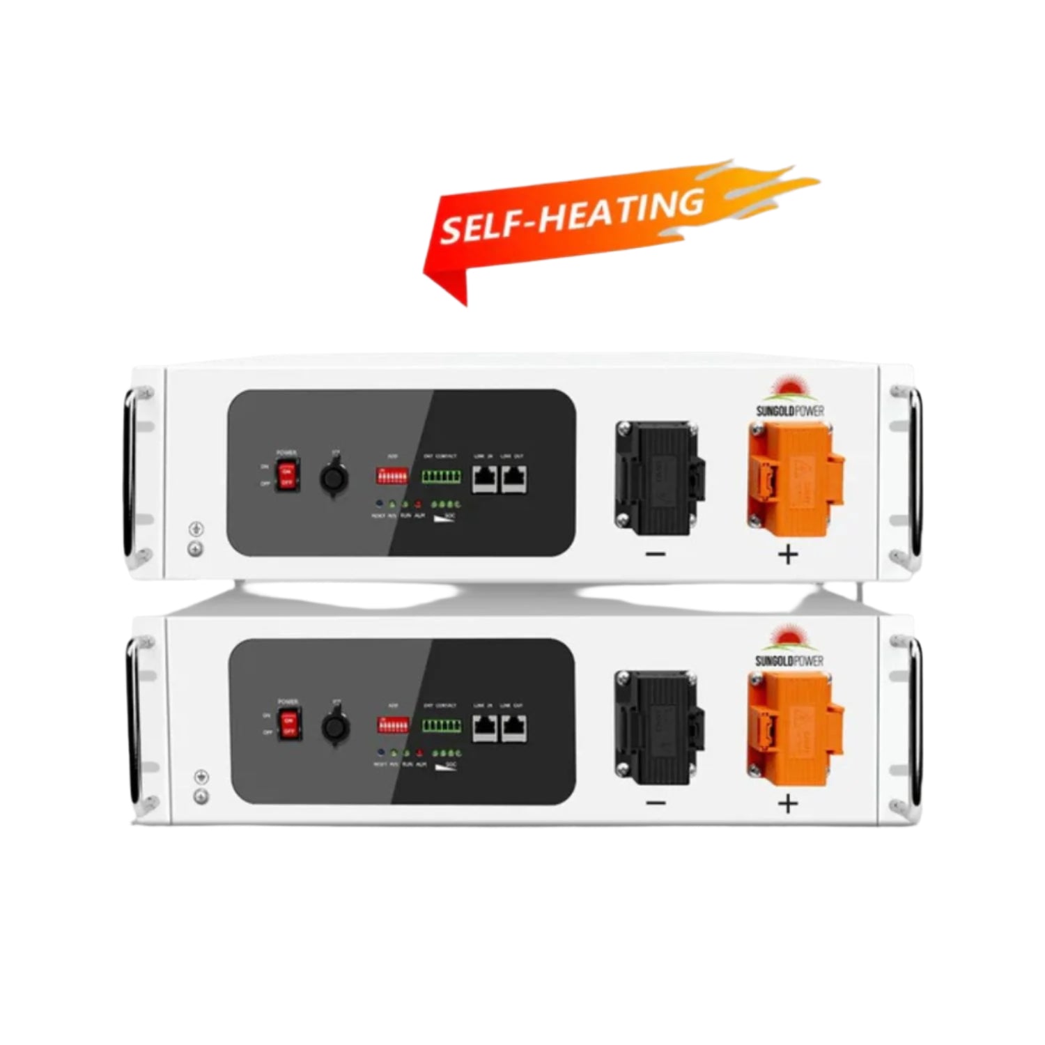 Two SunGold Power 48V 100AH Lithium Battery Self-Heating Server Front View 