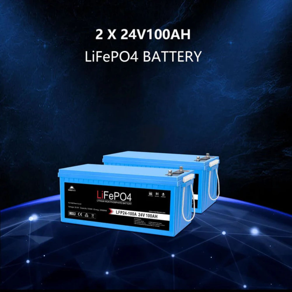 Two blue LiFePO4 batteries with text on a dark blue background
