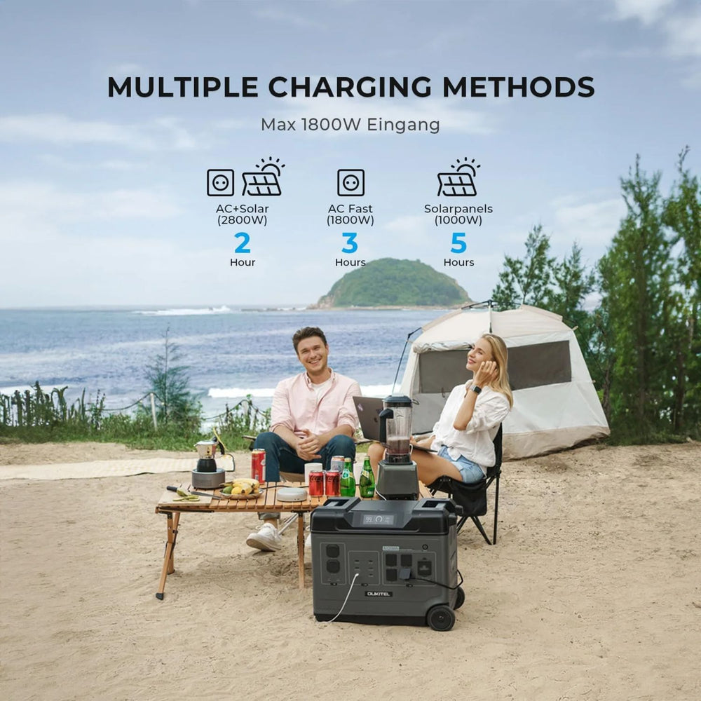 Two people sitting at a table with a OUKITEL P5000 Portable Power Station station on a beach, with text about multiple charging methods.
