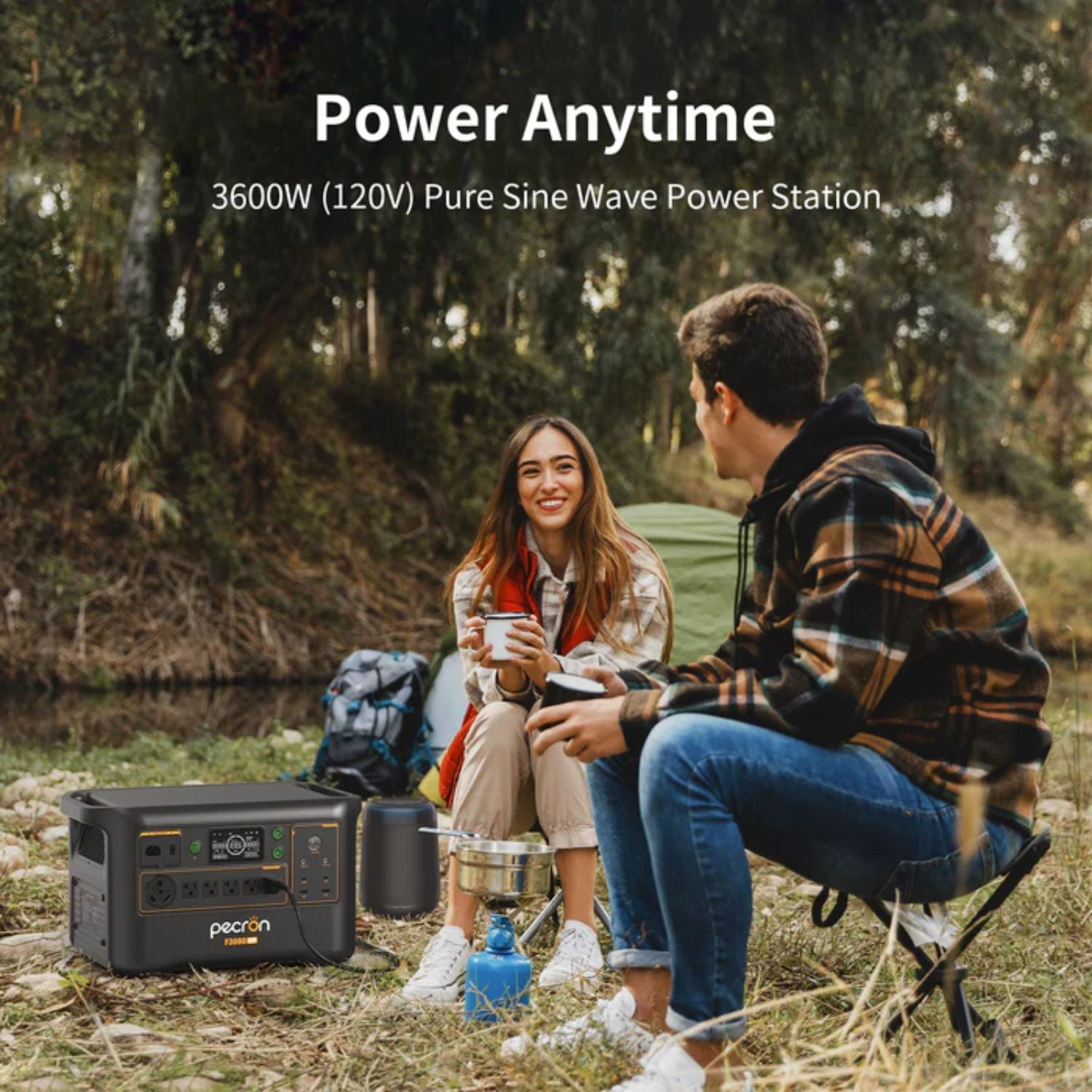 Two people sitting outdoors with a Pecron F3000LFP Portable Power Station