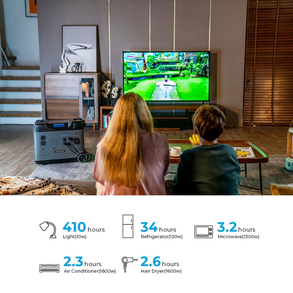 Two people watching a game on a TV with a OUKITEL P5000 Portable Power Station  in the room