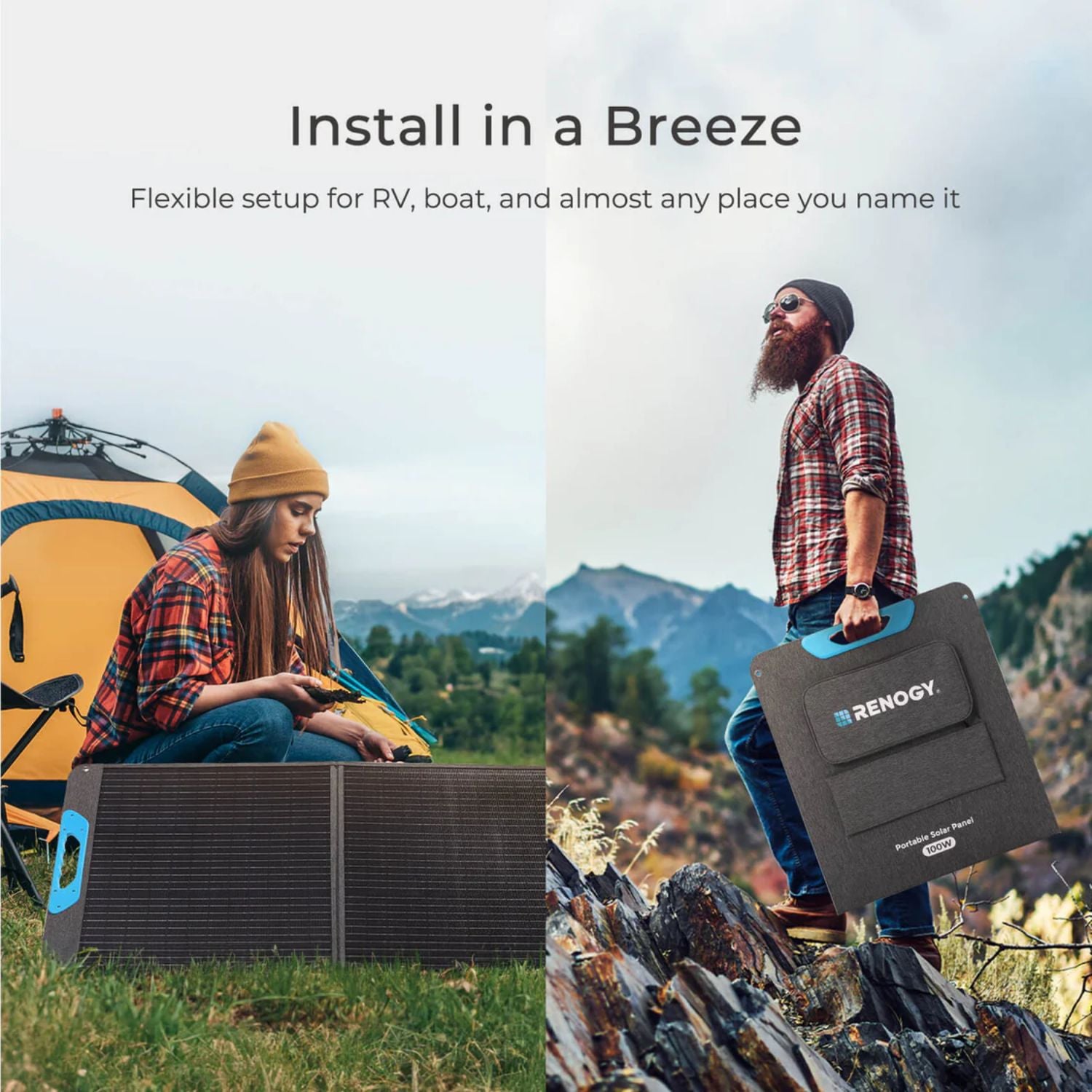Two people with a Renogy E.FLEX 100W Portable Solar Panel in a scenic outdoor setting.