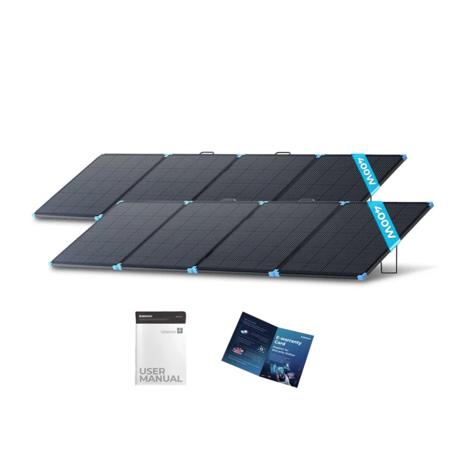 Two pieces of Renogy Solar Suitcase 400W Lightweight Portable Solar Panel with a user manual and warranty card 