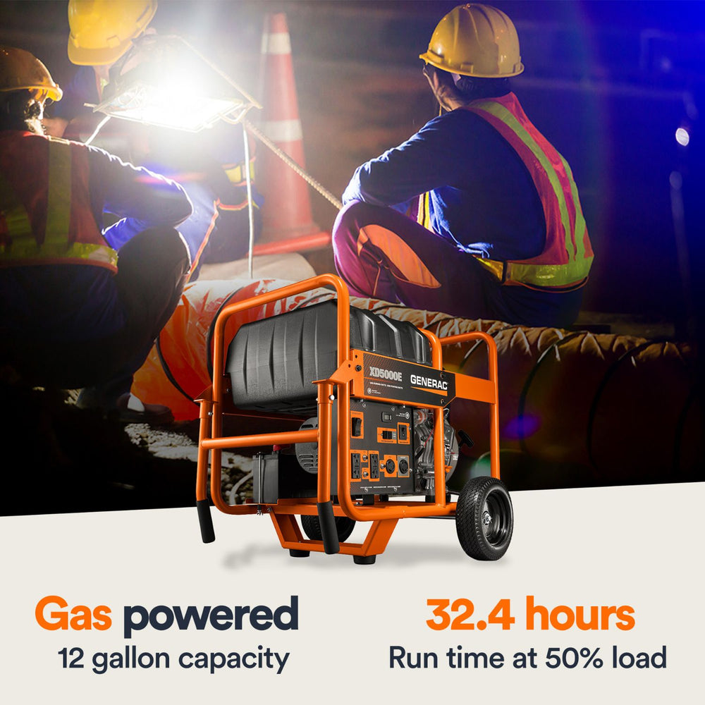 Two workers in safety gear sitting on a mattress with a Generac XD5000E Portable Generator between them, on a white background.