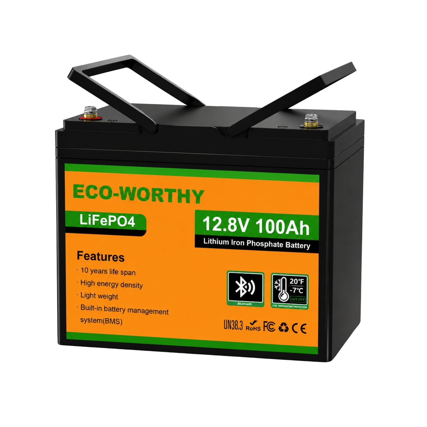 ECO-WORTHY Upgraded LiFePO4 12V 100Ah Lithium Iron Phosphate Battery with handle up left view