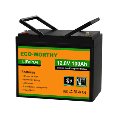 ECO-WORTHY Upgraded LiFePO4 12V 100Ah Lithium Iron Phosphate Battery with handle up left view