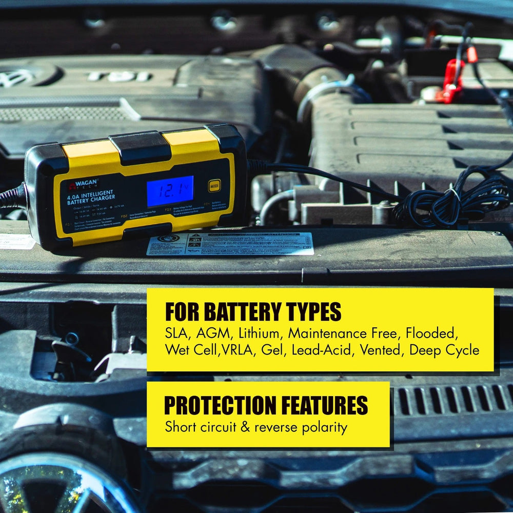 Wagan Tech 4.0A Intelligent Battery Charger Battery Type And Protection Features