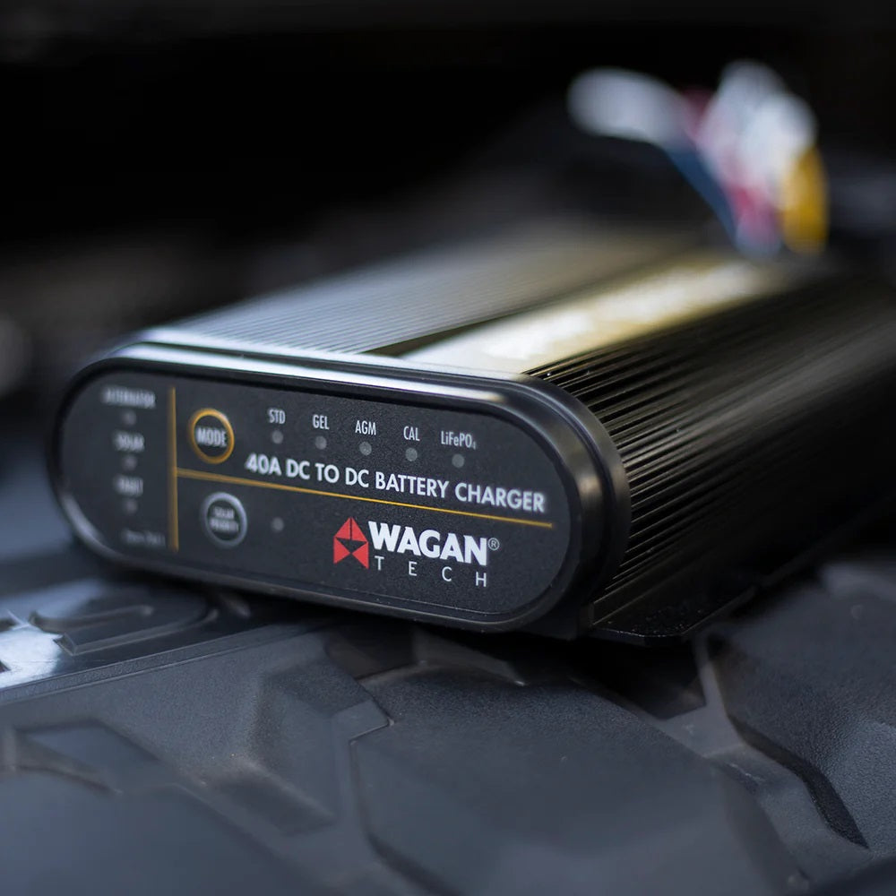 Wagan Tech 40A DC to DC Battery Charger Front 3 Quarter Shallow Focus
