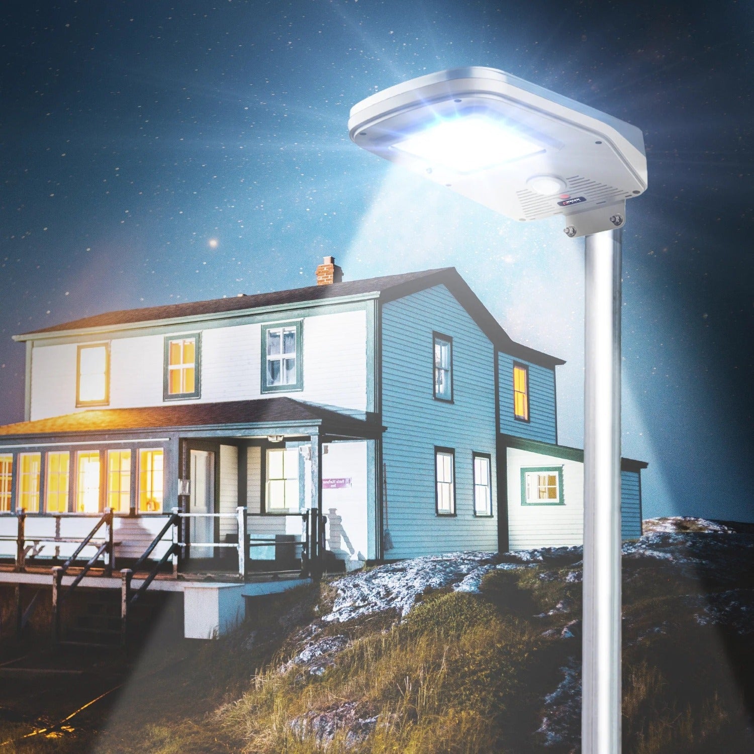 Wagan Tech Solar + LED Floodlight 2000 In A Backyard