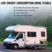 White camper van with green forest background and text about energy consumption benefits and ECO-WORTHY LiFePO4 24V 100Ah Lithium Iron Phosphate Battery