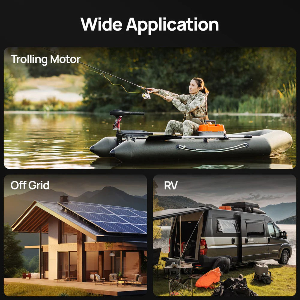 Woman fishing on a motorized raft with scenic backgrounds of a house with solar panels and an RV using ECO-WORTHY 12V 100Ah Battery