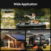 Woman fishing on a motorized raft with scenic backgrounds of a house with solar panels and an RV using ECO-WORTHY 12V 100Ah Battery