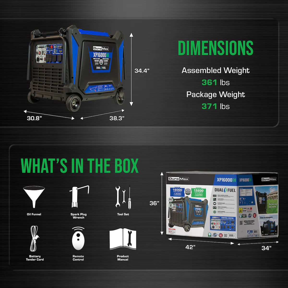 DuroMax XP16000iH Generator Dimensions & Inclusions