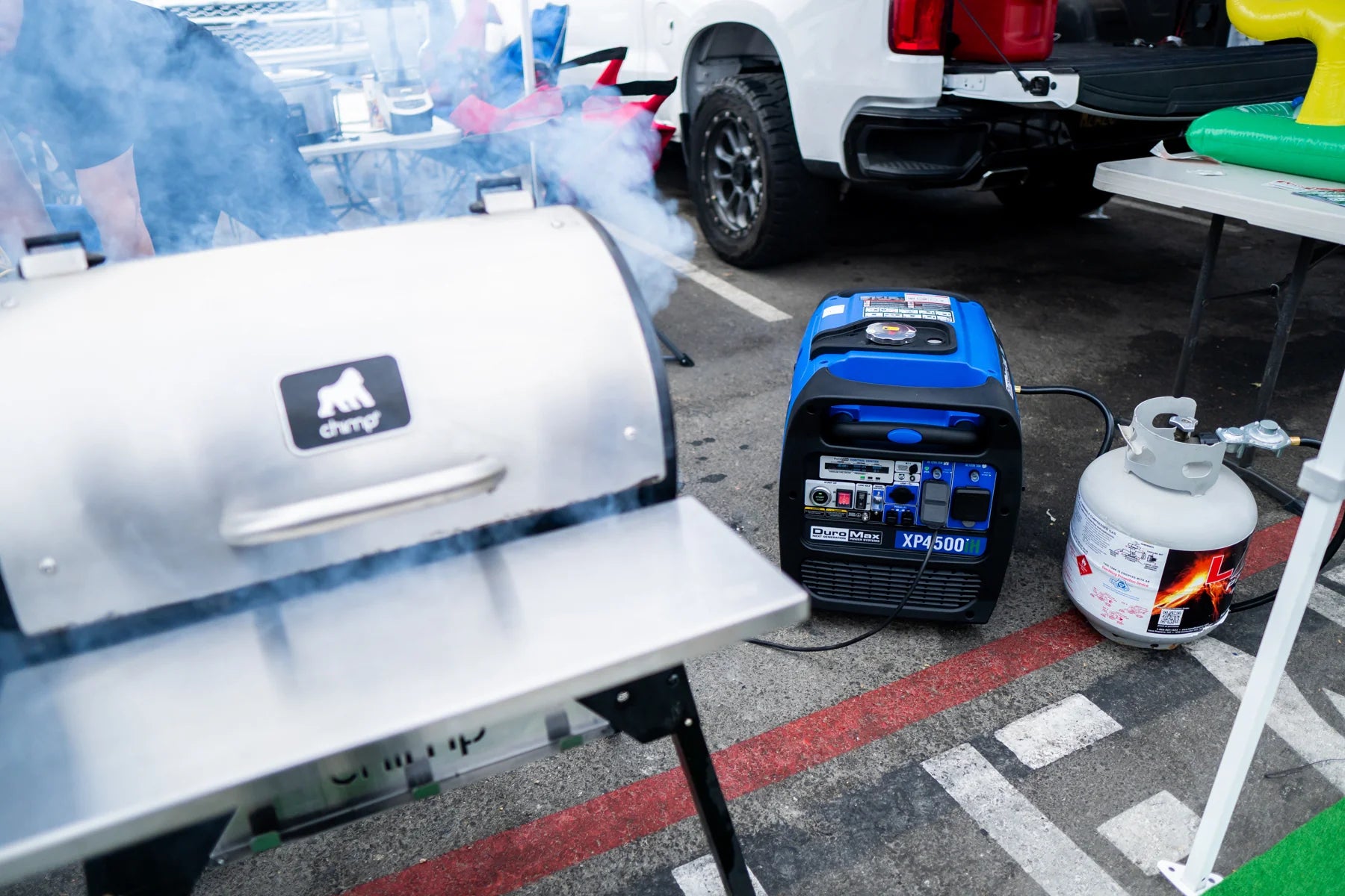 DuroMax XP4500iH Generator Charging A Grill