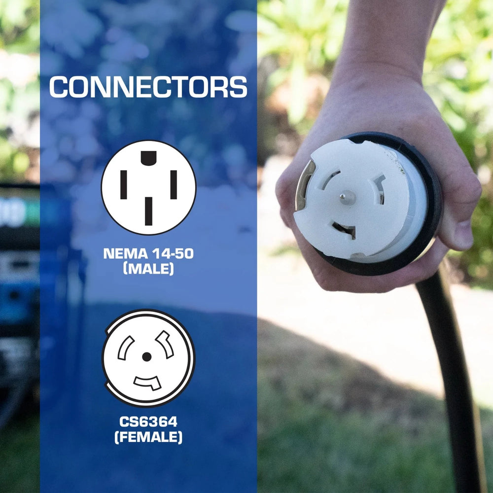 The DuroMax 50-Amp 15-Foot 6-Gauge L14-50 Heavy Duty Generator Power Cord Has A NEMA 14-50 (Male) Connector And A CS6364 (Female) Connector