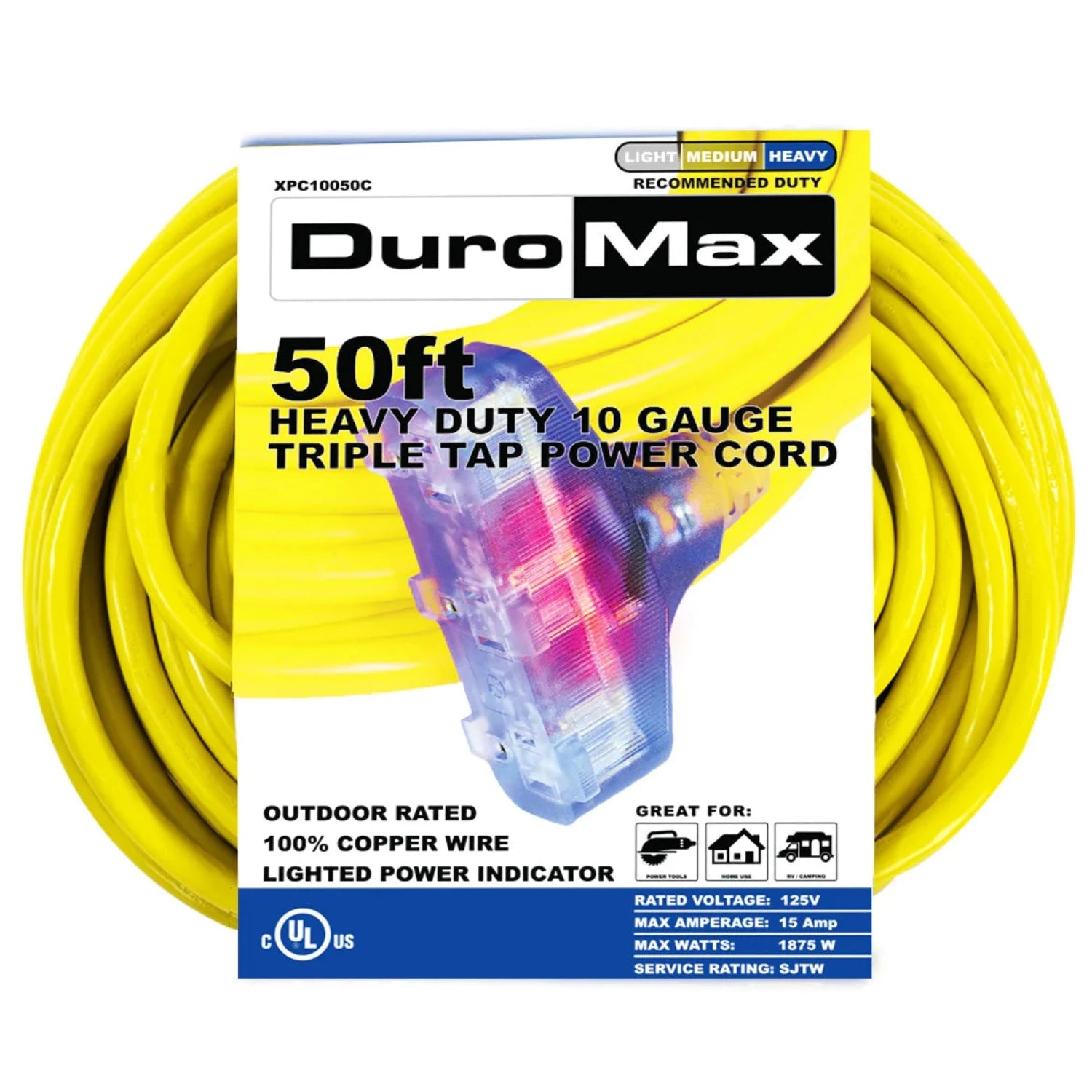 DuroMax XPC10050C 50' 10 Gauge Triple Tap Extension Power Cord