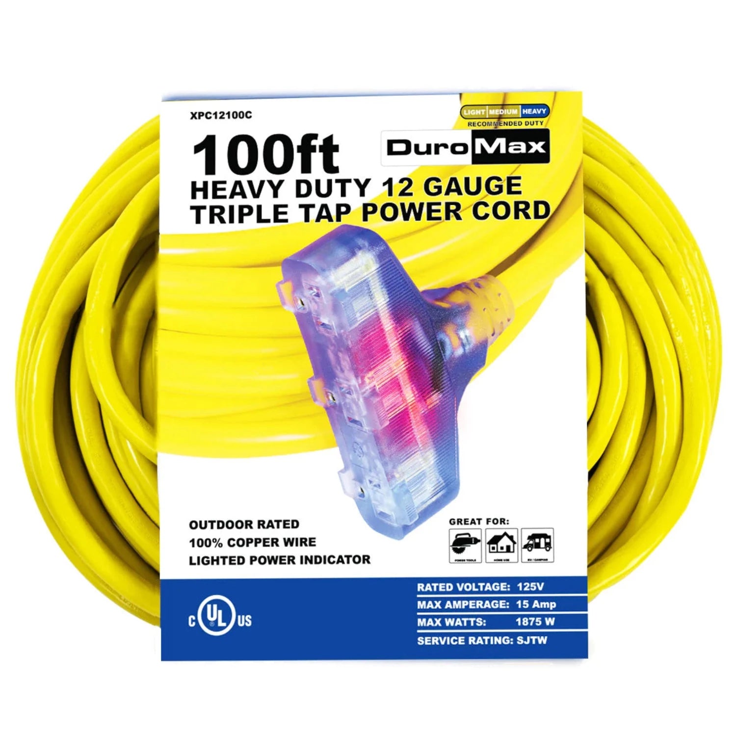 DuroMax 100-Foot 12 Gauge Triple Tap Extension Power Cord