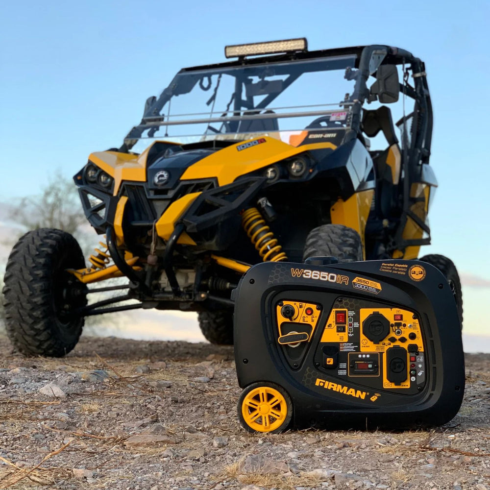 Yellow and black off-road vehicle with a Firman W03383 Generator on a dirt surface.