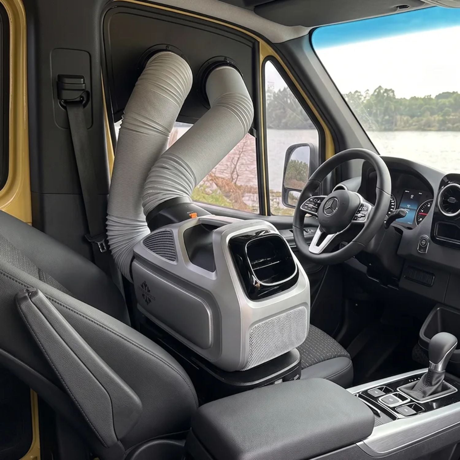 ZERO BREEZE Portable AC Window Venting Kit inside a truck
