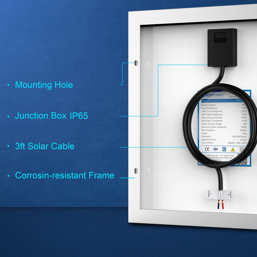 ACOPower 10W Monocrystalline Solar Panel for 12V Battery Charging Features