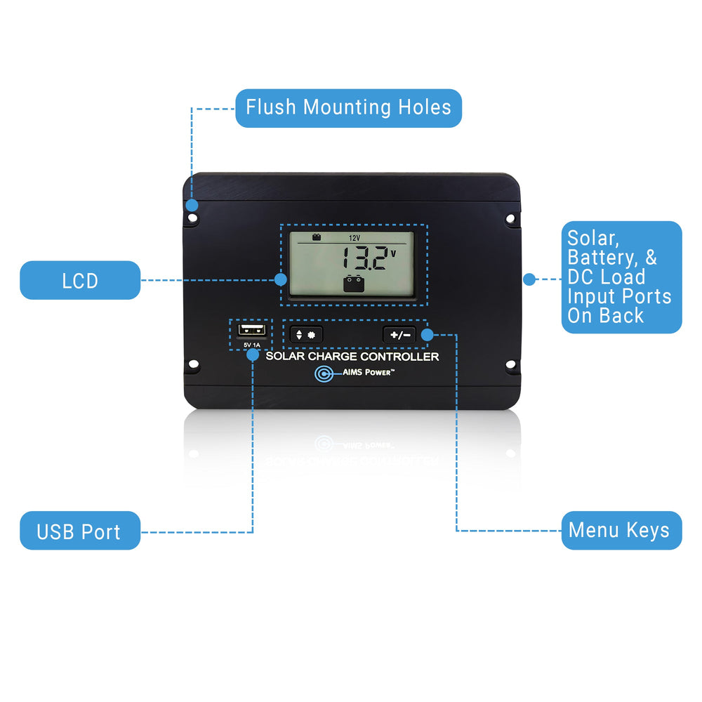 AIMS Power 30 Amp PWM Flush Mount Solar Charge Controller Features