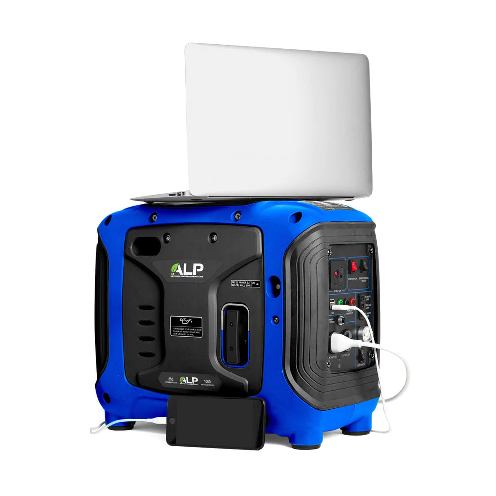 ALP 1000W Portable Propane Generator Blue and Black Charging a Smartphone and a Laptop