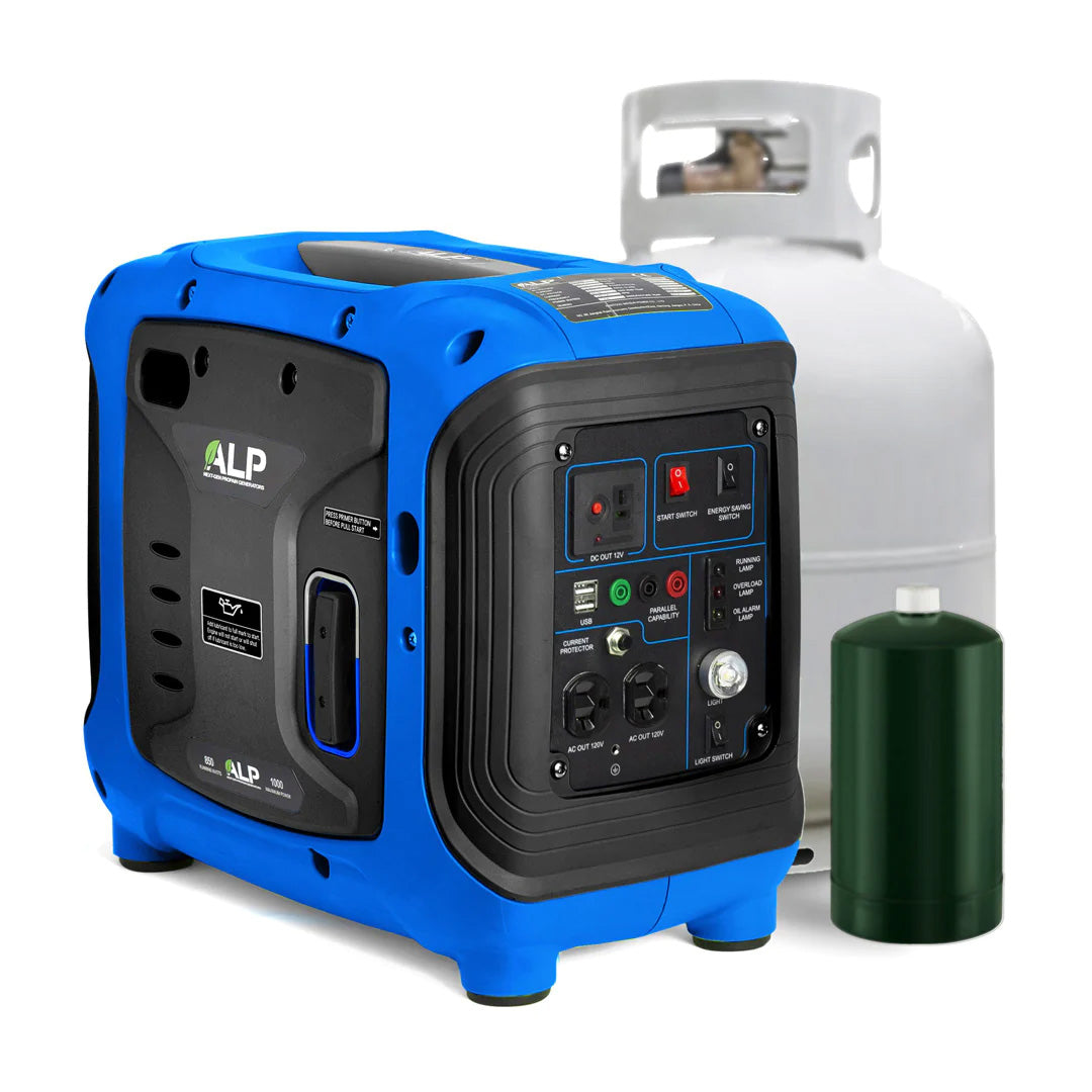 ALP 1000W Portable Propane Generator Blue and Black With Propane Tanks