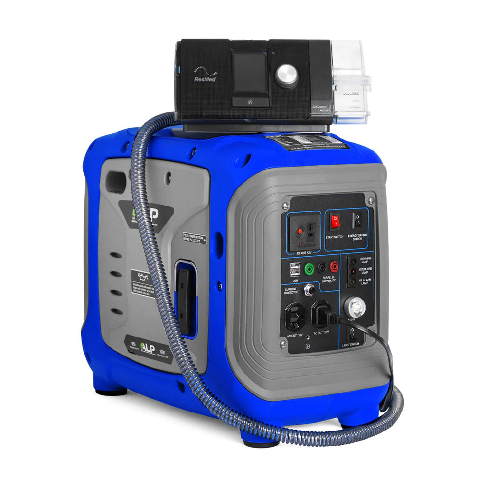 ALP 1000W Portable Propane Generator Blue and Gray Charging a ResMed CPAP Machine