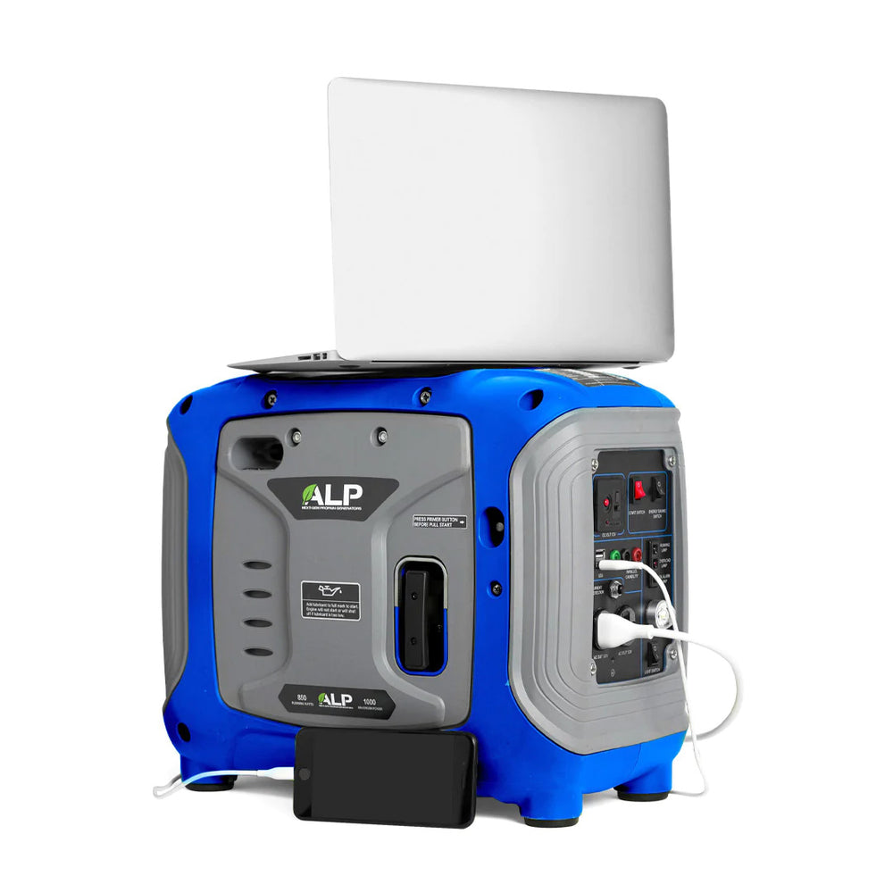 ALP 1000W Portable Propane Generator Blue and Gray Charging a Smartphone and a Laptop