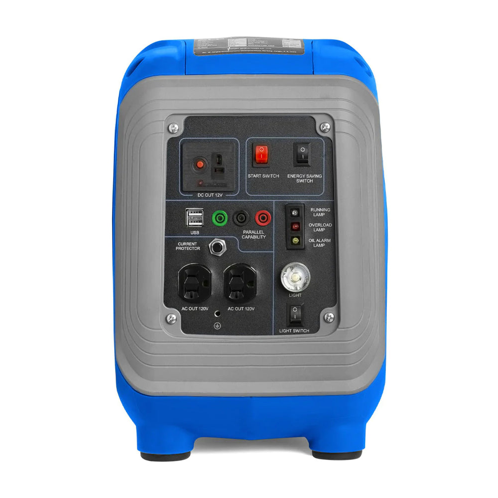 ALP 1000W Portable Propane Generator Blue and Gray Front View With Control Panel