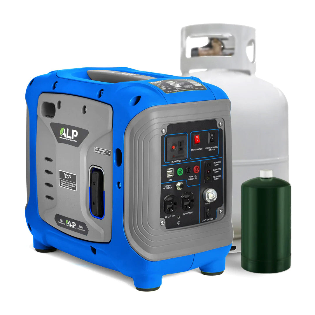 ALP 1000W Portable Propane Generator Blue and Gray With Propane Tanks