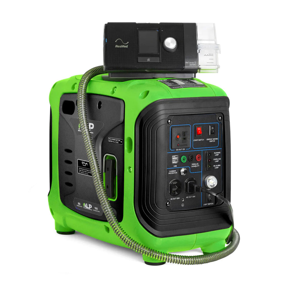 ALP 1000W Portable Propane Generator Green and Black Charging a ResMed CPAP Machine
