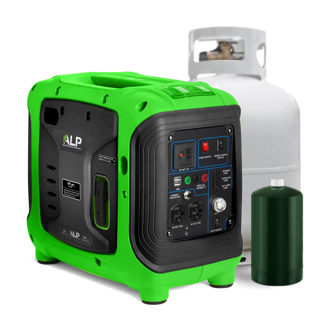 ALP 1000W Portable Propane Generator Green and Black With Propane Tanks