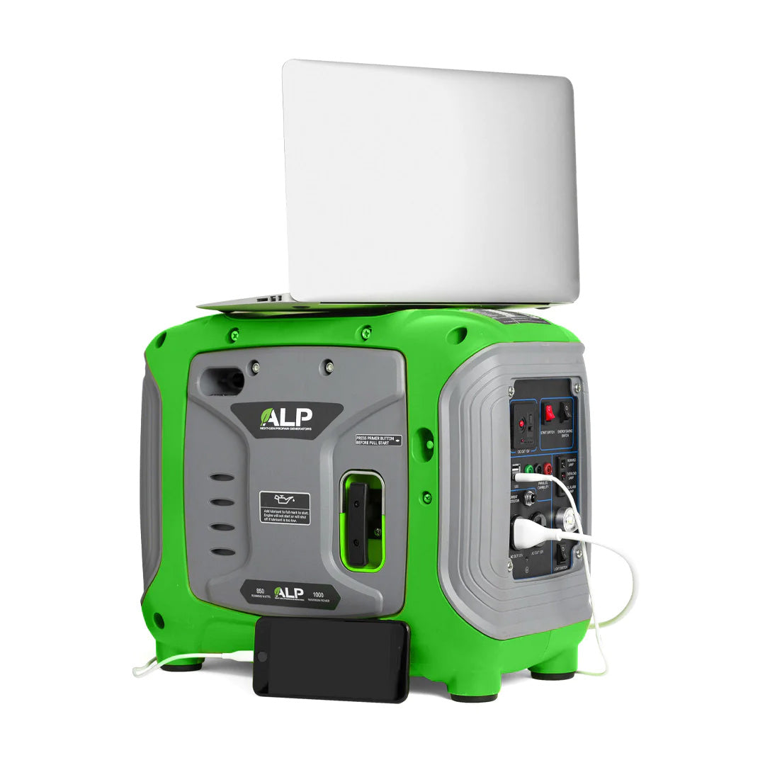 ALP 1000W Portable Propane Generator Green and Gray Charging a Smartphone and a Laptop