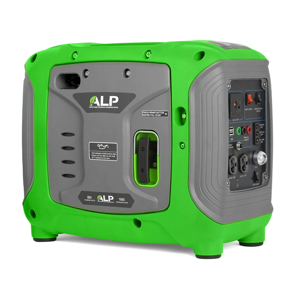 ALP 1000W Portable Propane Generator Green and Gray Left Side View and Front View