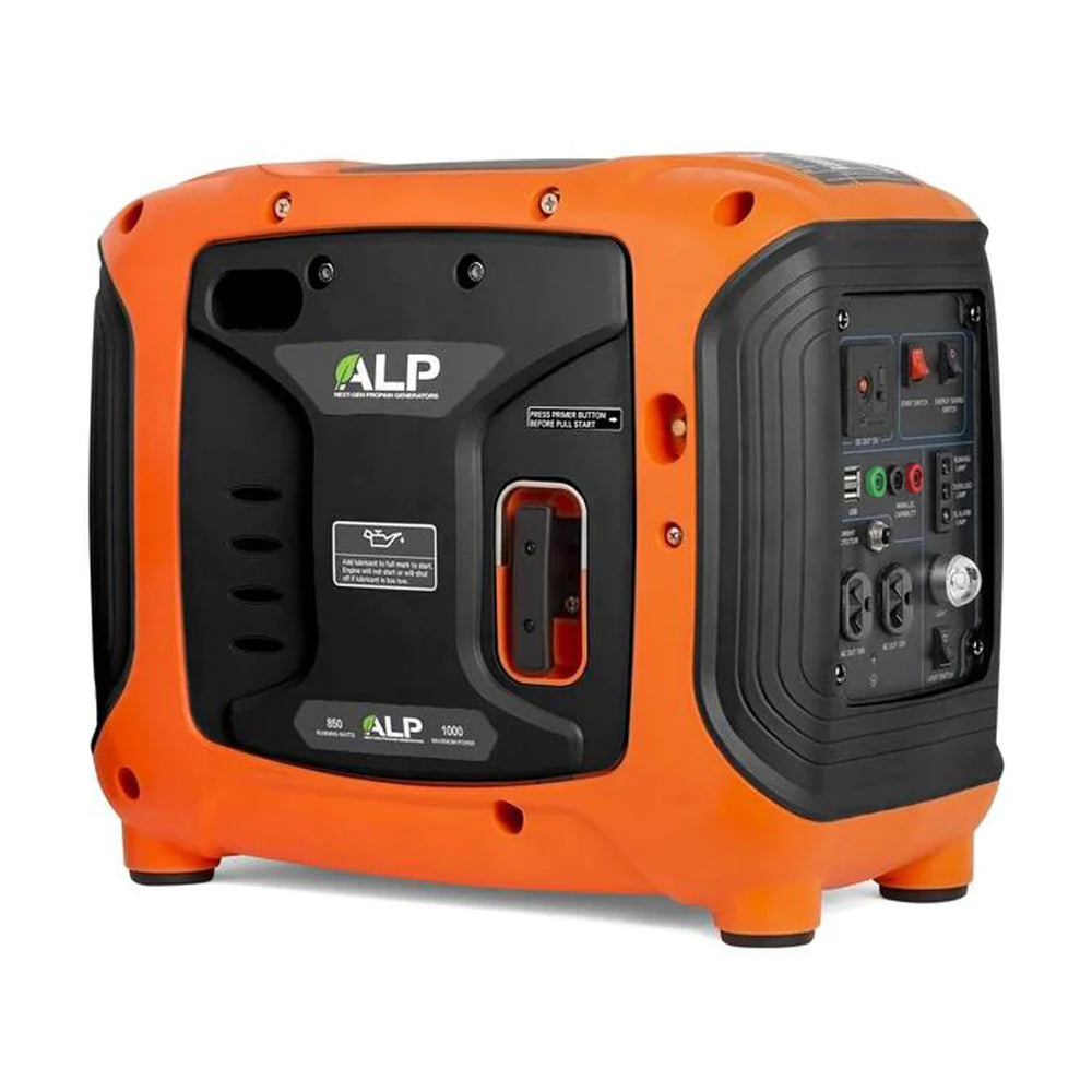 ALP 1000W Portable Propane Generator Orange and Black Left Side View and Front View