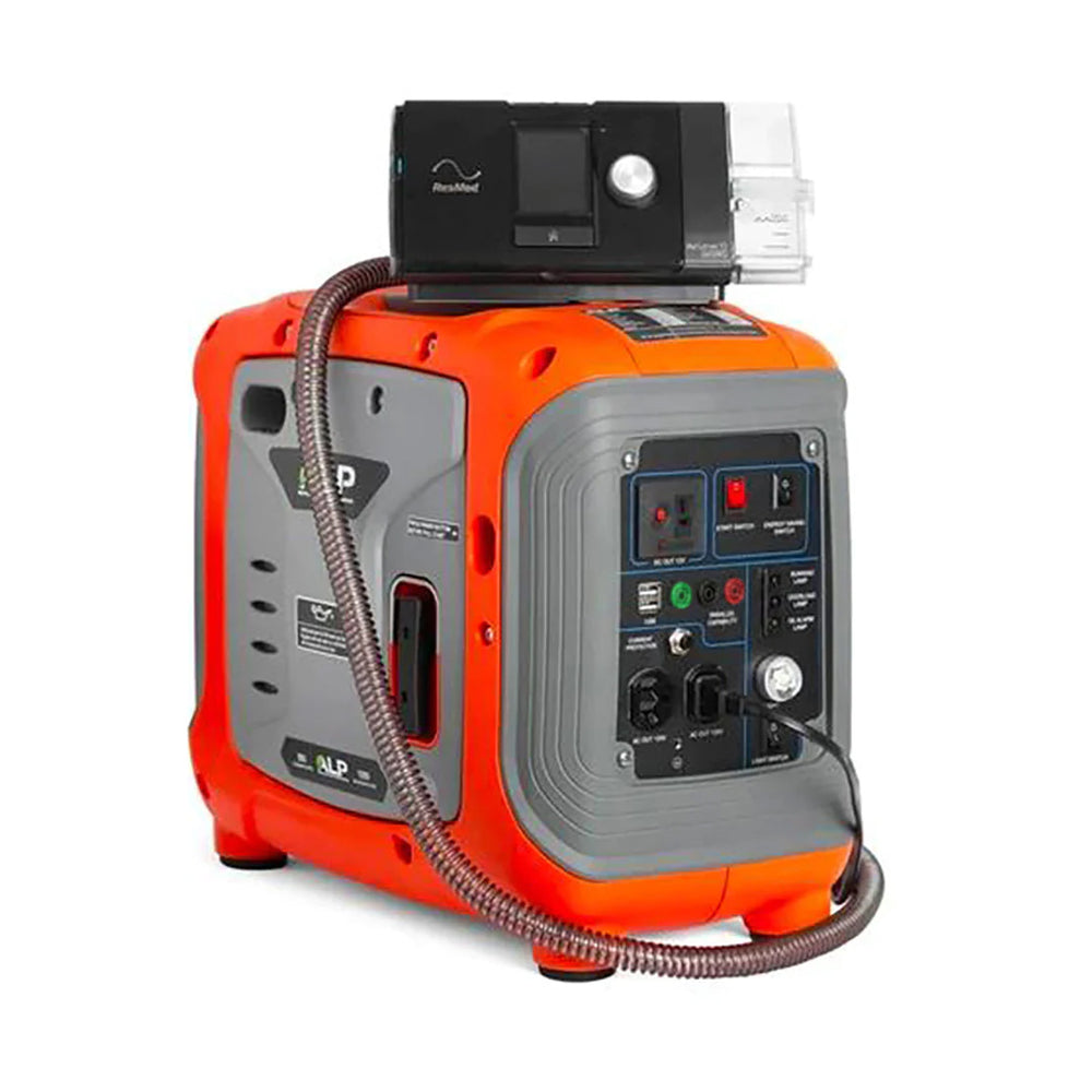 ALP 1000W Portable Propane Generator Orange and Gray Charging a ResMed CPAP Machine