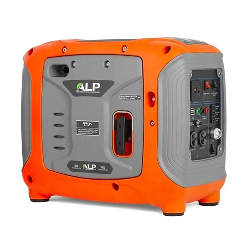 ALP 1000W Portable Propane Generator Orange and Gray Left Side View and Front View