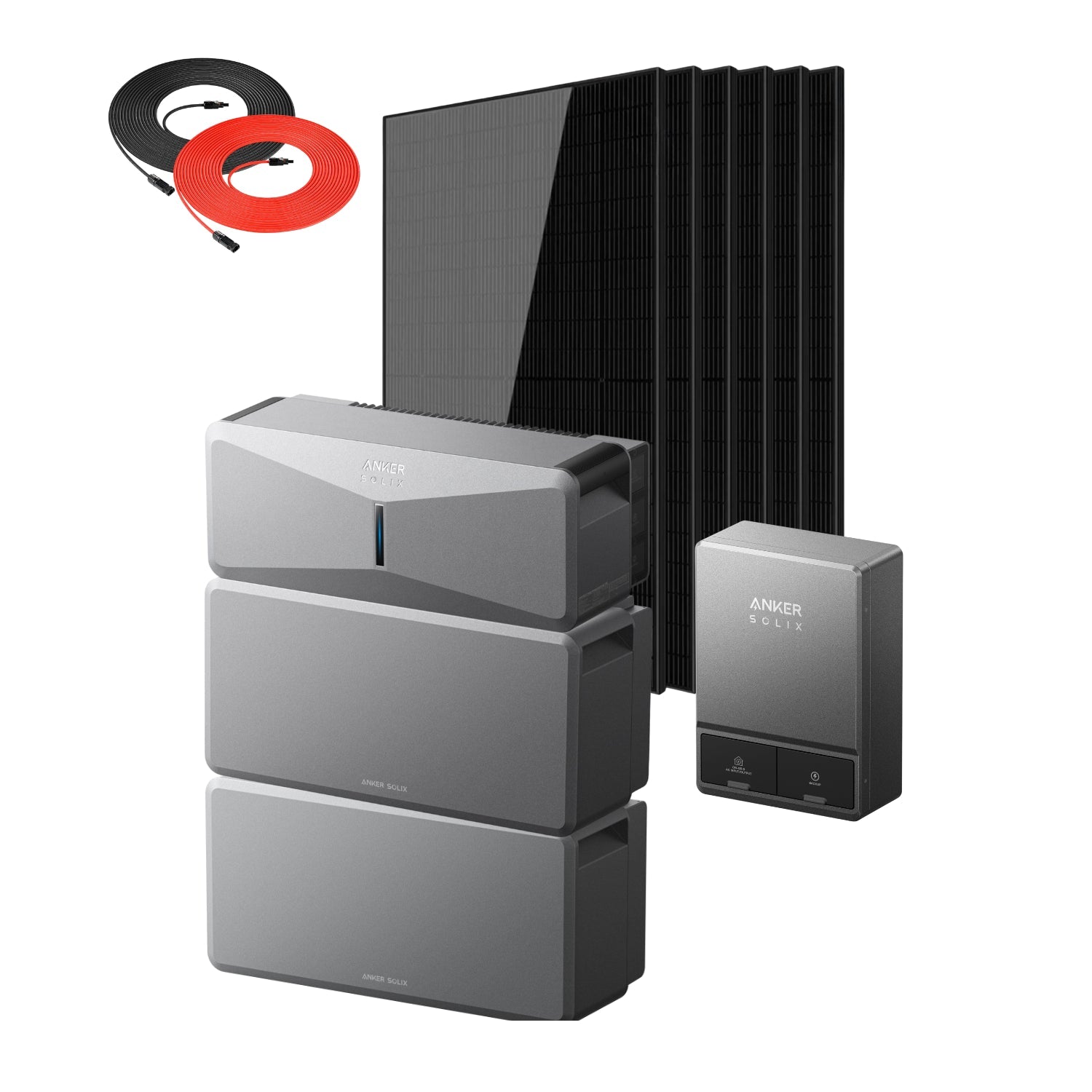 Anker SOLIX E10 Manual Home Backup Kit with two batteries, six 440W rigid solar panels and a Rich Solar panel extension cable