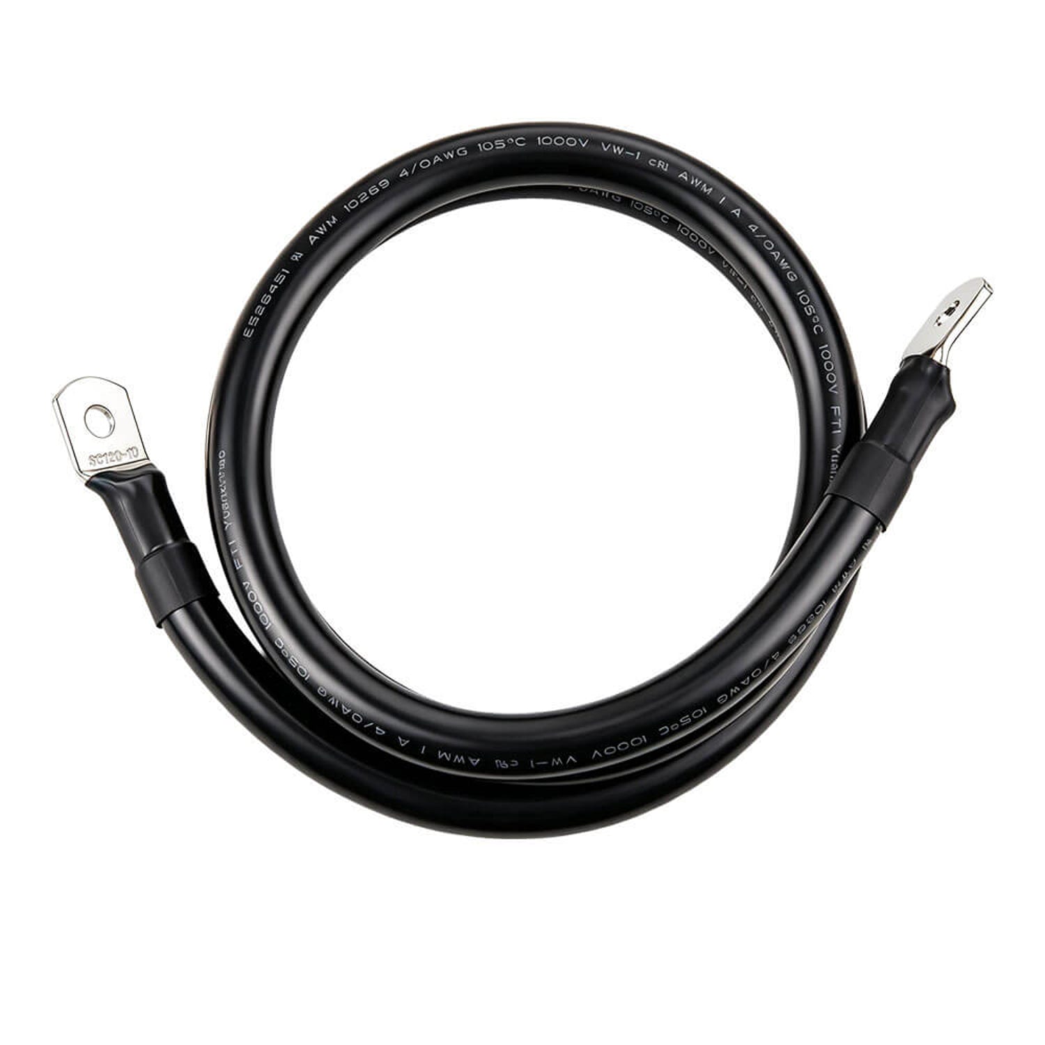 Black 4/0 AWG battery cable coiled with ring lugs and heat-shrink on both ends