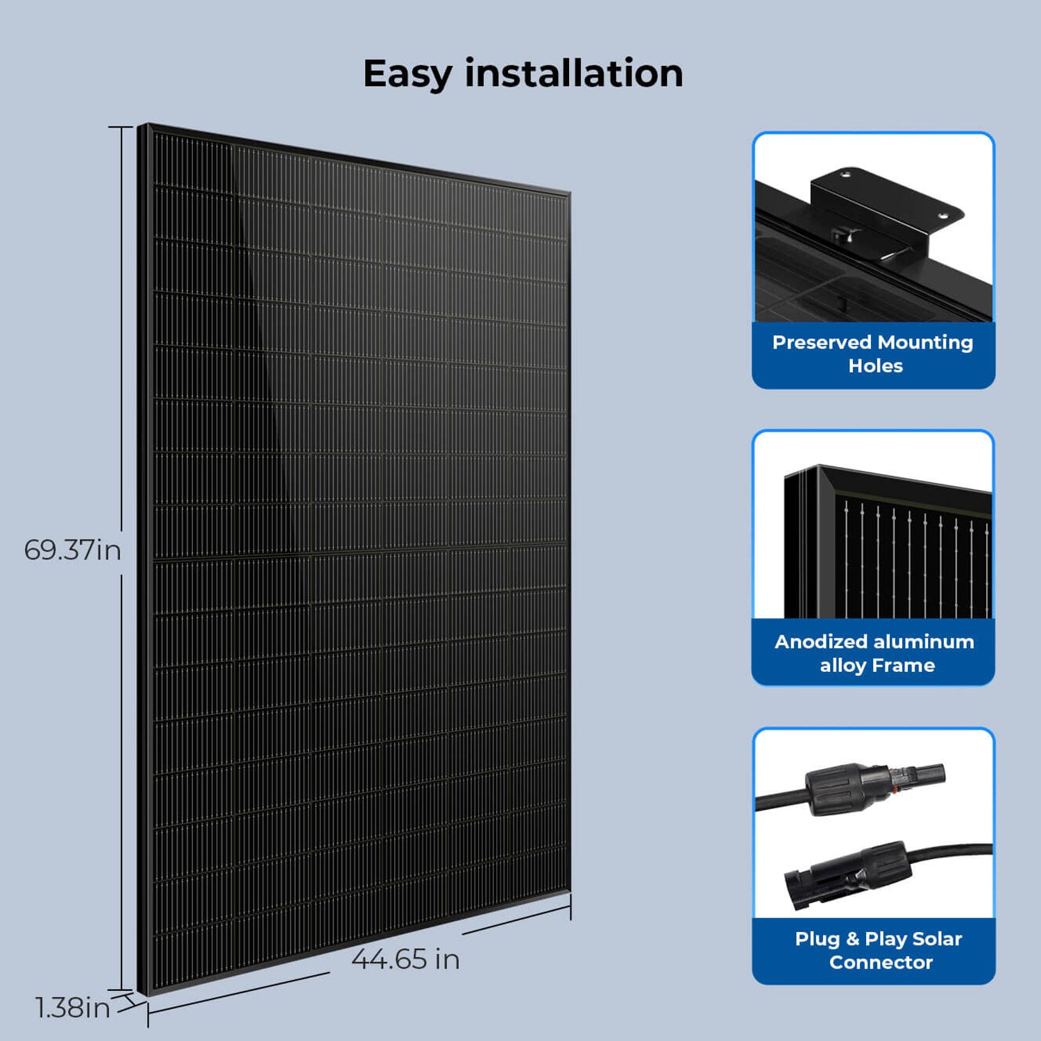 Black 450W bifacial panel size diagram with mounting hole frame and connector close-ups